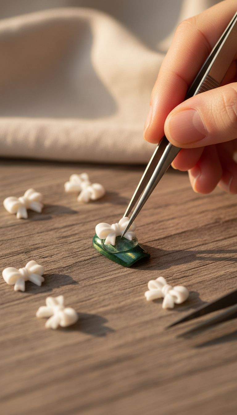 Tweezers place white 3D resin bow on deep green Cat Eye nail, embedding it for elegant charm nail art.
