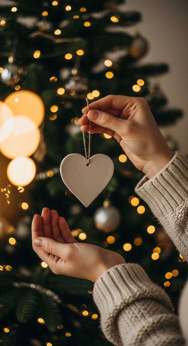 Two hands gently hold a white ceramic heart-shaped ornament in front of a softly blurred, twinkling Christmas tree.