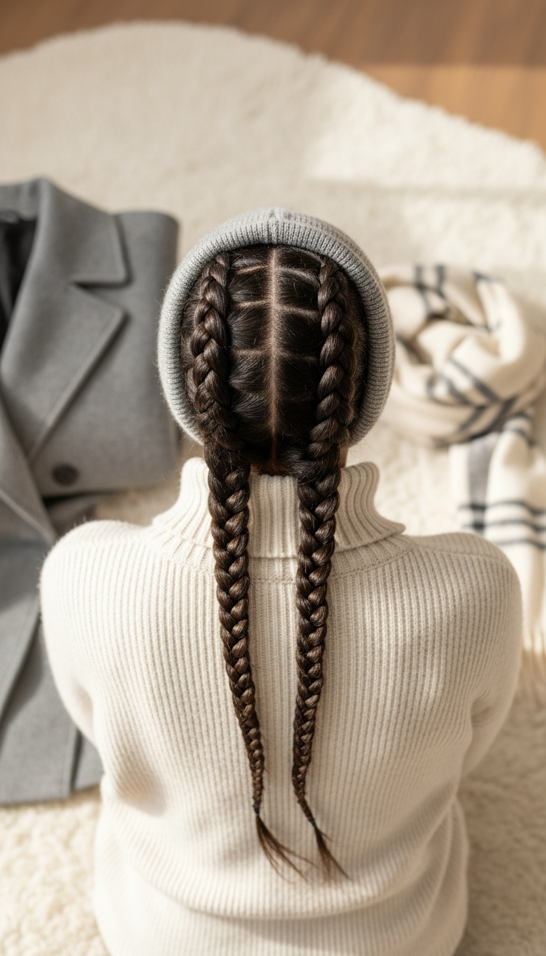 Two sleek parallel braids tucked under a high-neck sweater with a beanie. Minimalist winter protective style in warm creams and soft grays.