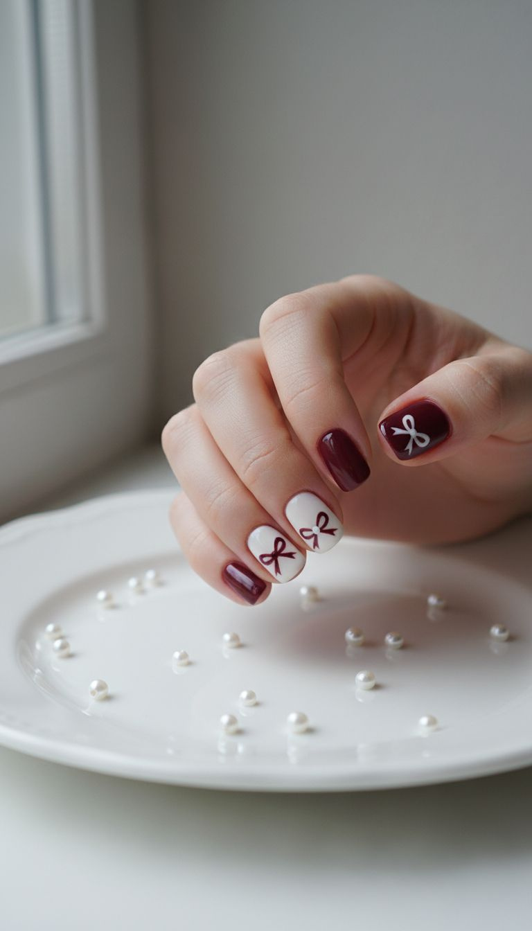 Two-tone burgundy and white nails with hand-painted contrasting bow designs, pearl embellishments, bright light.