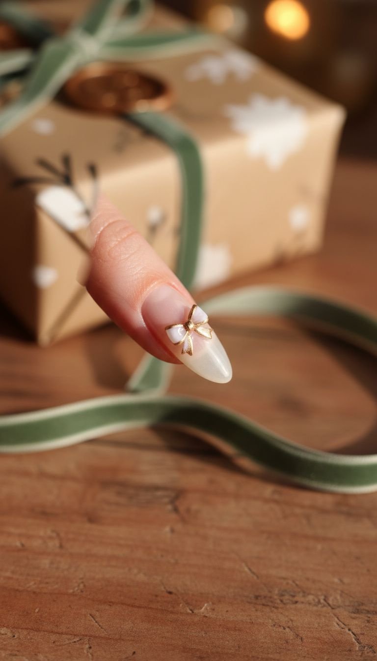 Two-toned gold and white bow nail art on natural nail, gift theme, warm golden light, rustic table, velvet ribbon.