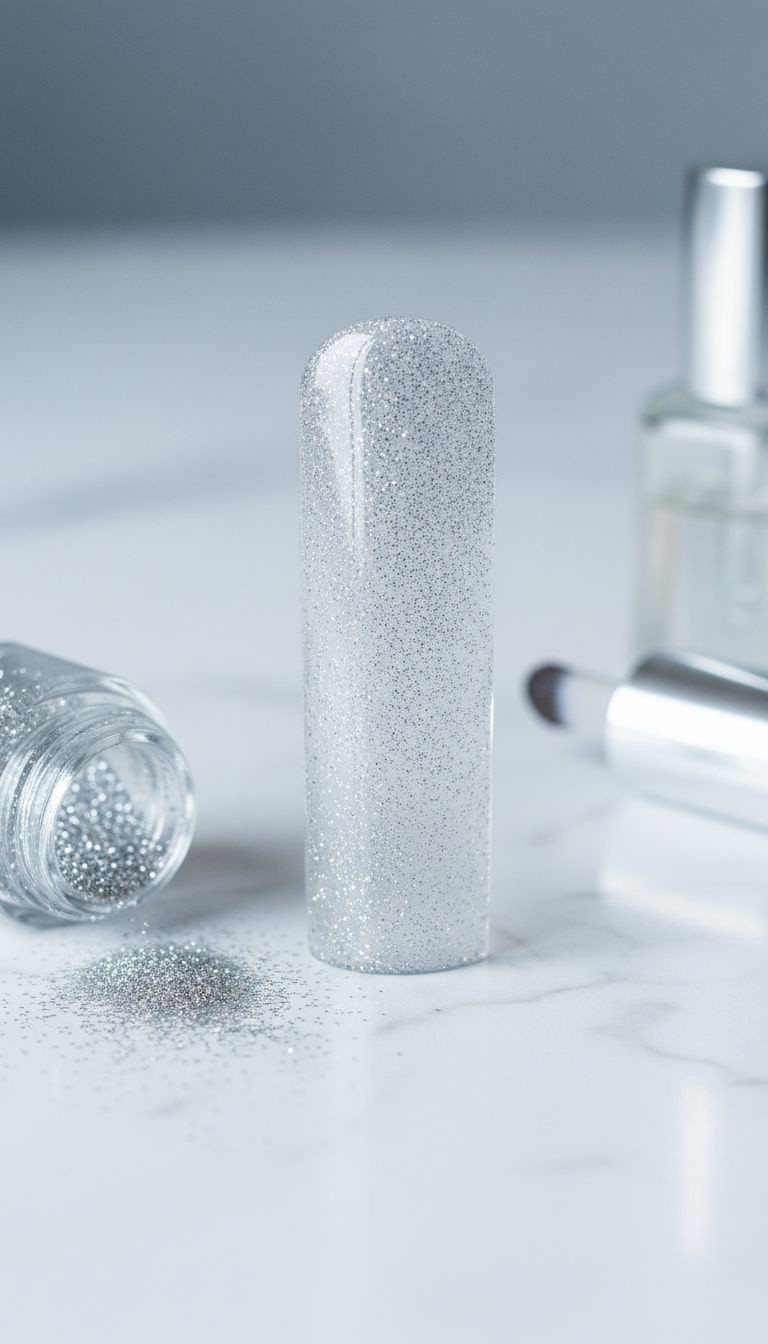 Ultra-fine silver glitter encapsulated under a smooth, high-gloss clear topcoat, with loose glitter and topcoat bottle. Sparkling nails.
