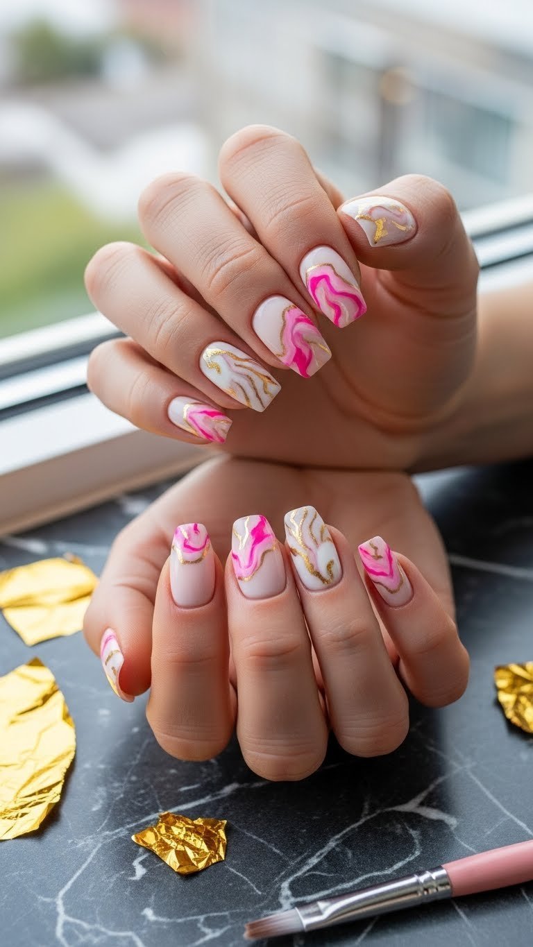 Unique pink and white marble effect nails, medium rounded, swirling pattern, with subtle gold foil veins on dark marble.