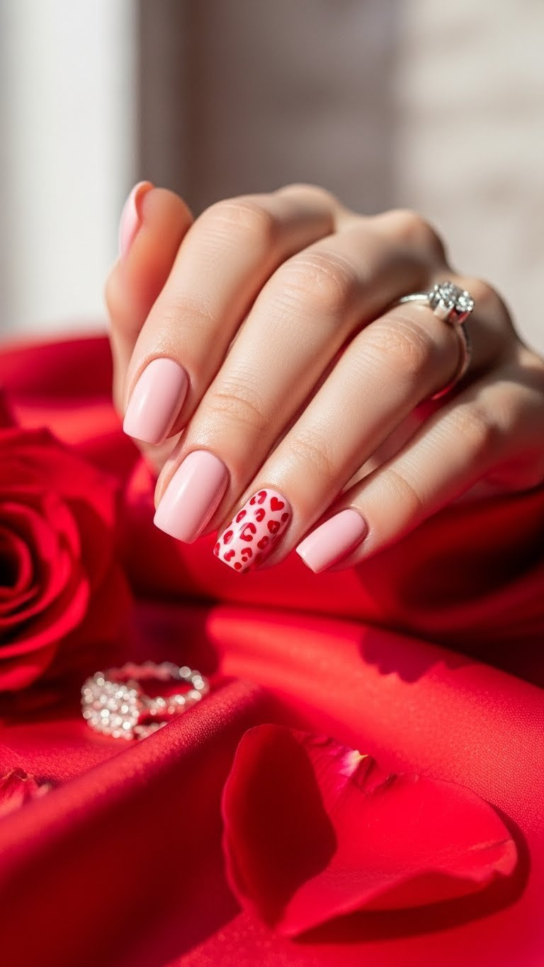 Valentine's Day pale pink nails with red heart leopard print accent, hand on silky fabric, silver ring, rose petals. Romantic manicure.