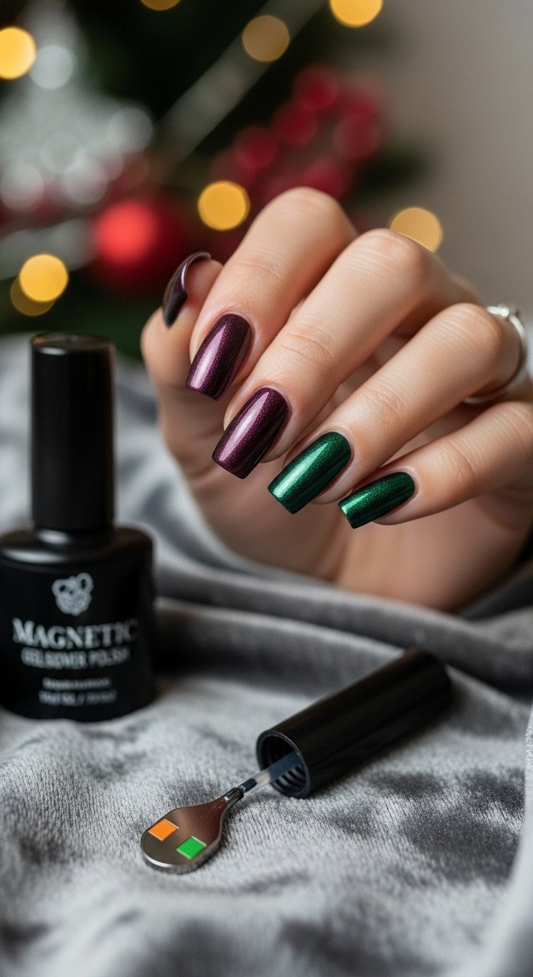 Velvet cat eye effect nails with deep plum magnetic gel polish, 3D shimmer. Trendy seasonal manicure.