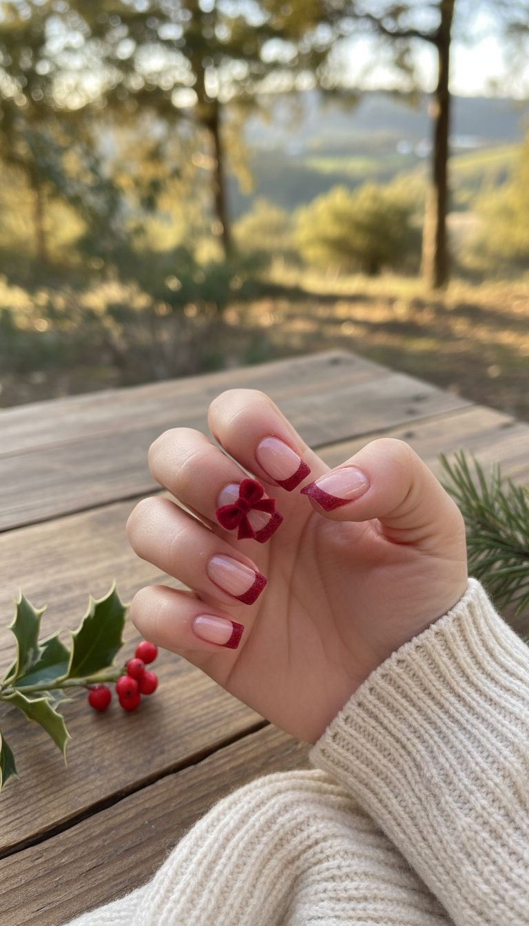 Velvet red French tip on short square nails, matte 3D bow. Textured finish, rustic table. Cozy winter nail art design.