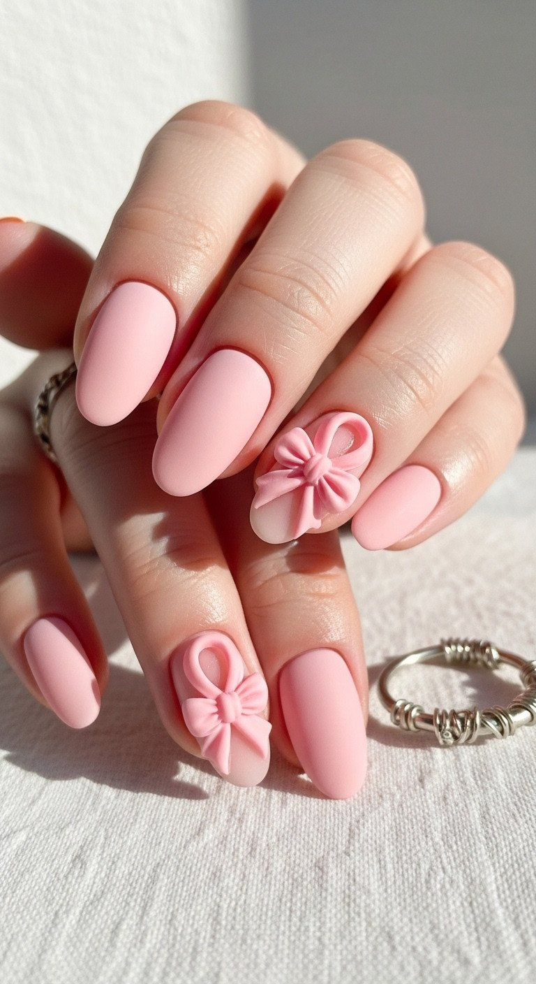 Velvety matte baby pink oval nails with a sculpted monochrome ribbon bow, silver ring, on white linen tablecloth.