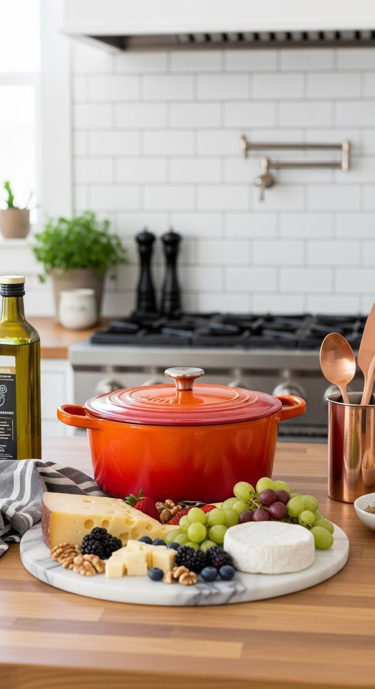 Vibrant Dutch oven and an arranged marble cheese board on a butcher block counter in a stylish, modern white kitchen.