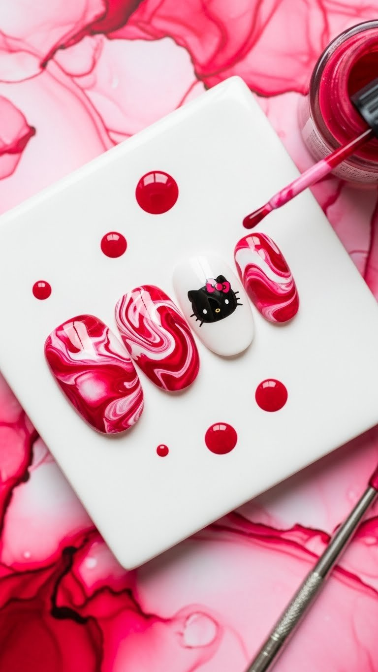 Vibrant Hello Kitty Valentine marbled nails: red, white, pink "love potion" effect with black silhouette decal on tile.