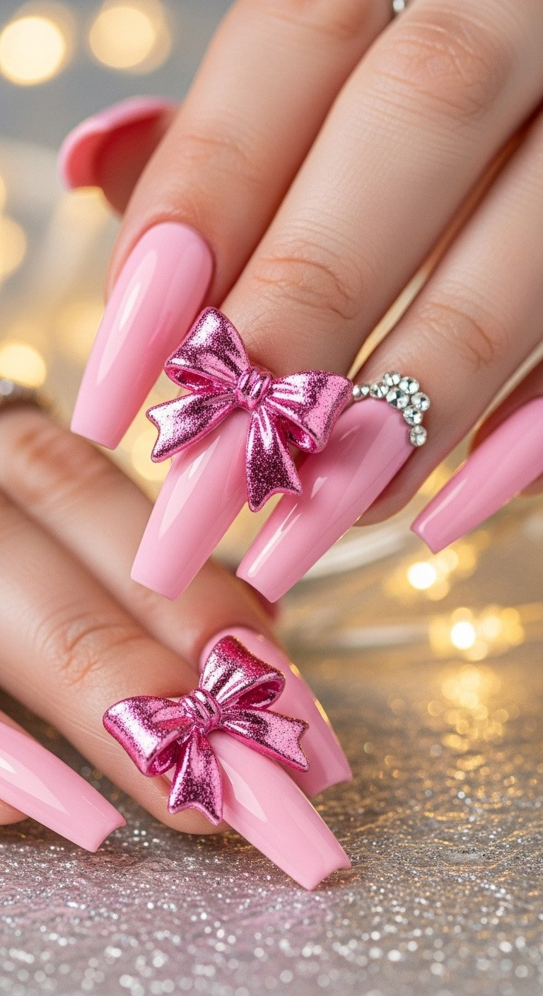 Vibrant baby pink coffin nails with a 3D pink chrome bow, silver rhinestones, sparkling Christmas lights background.