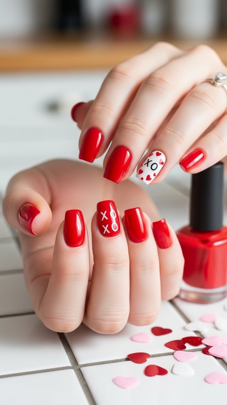 Vibrant cherry red Valentine's Day manicure on short glossy nails with white XO stickers, heart confetti, and red polish bottle.