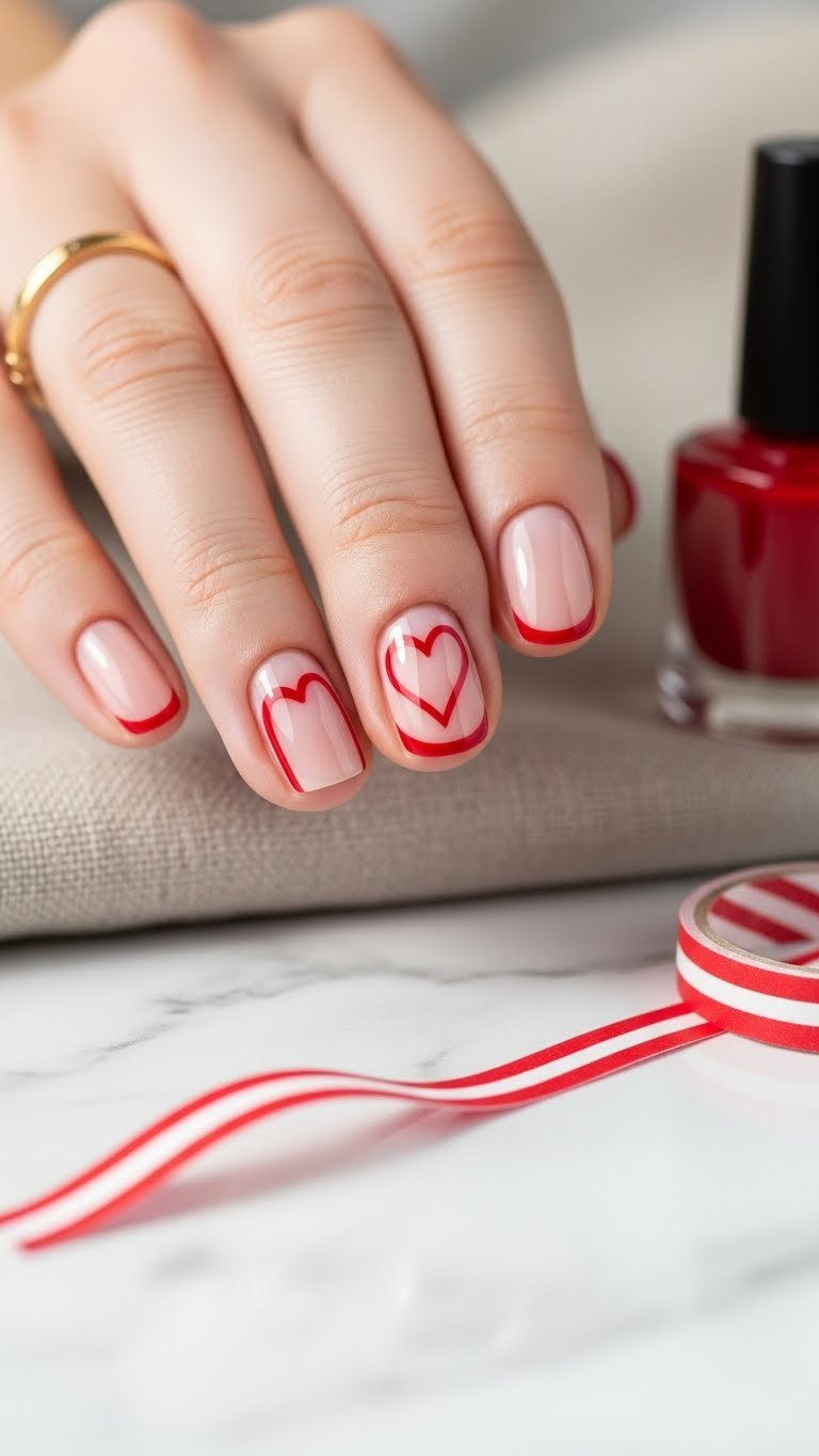 Vibrant cherry red outline heart negative space nail design on a natural nail. Macro close-up for minimalist manicure inspiration.