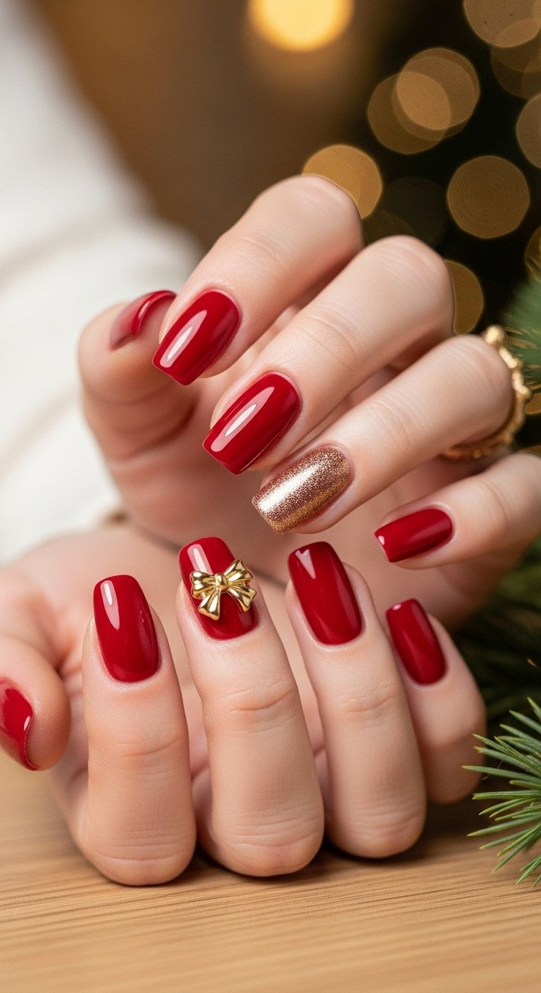 Vibrant deep cherry red glossy Christmas nail art with a centered 3D metallic gold bow charm on accent nail. Festive holiday manicure on wooden table.