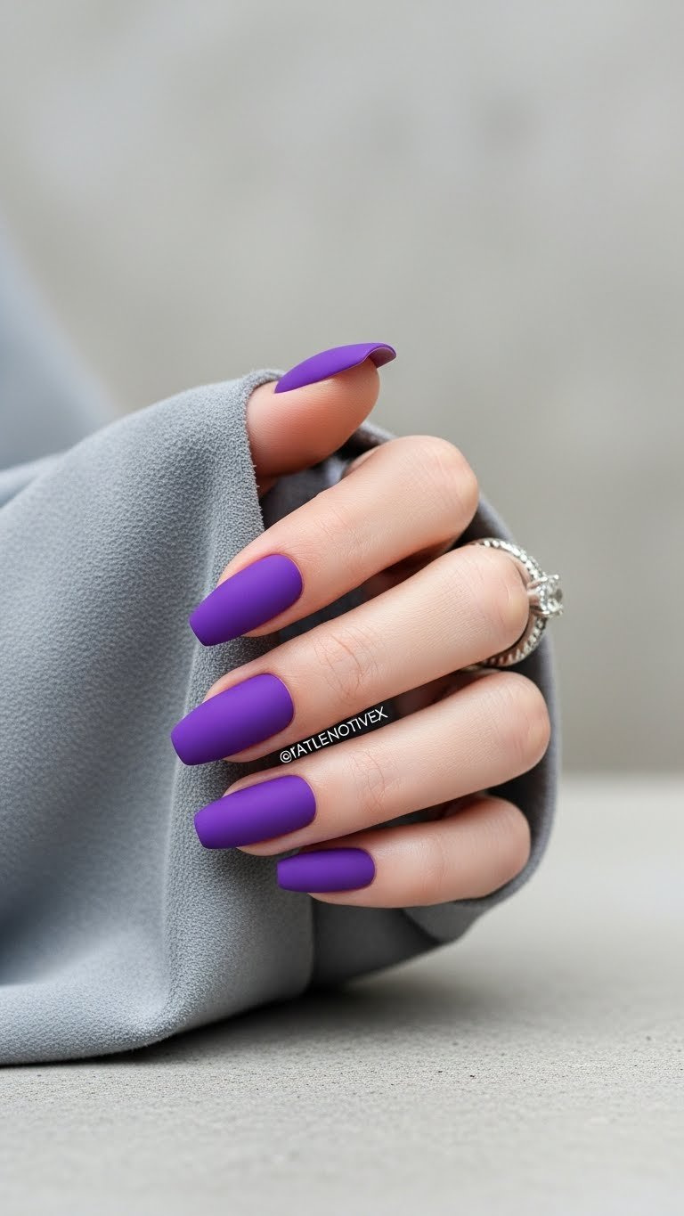 Vibrant electric violet matte coffin nails on soft suede, silver ring accent. Luxurious modern Valentine's Day manicure.