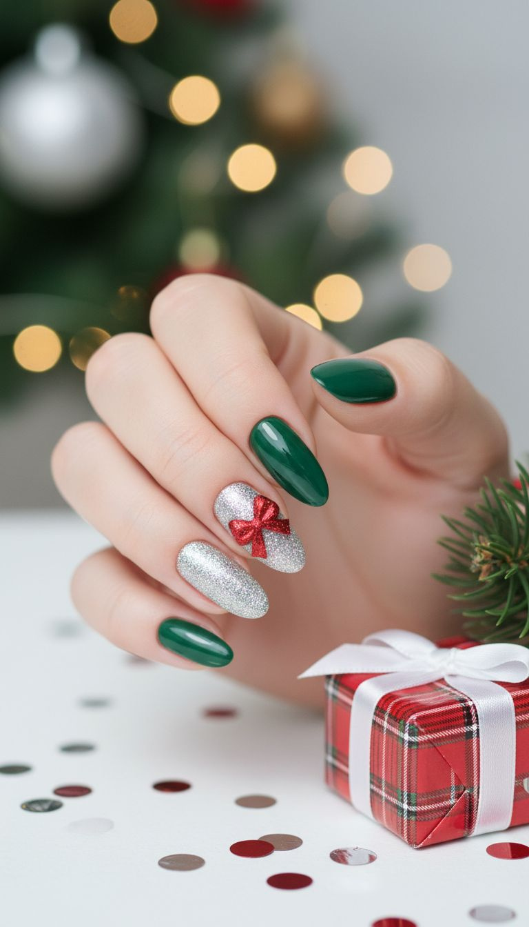 Vibrant holiday nail art: red present bow decal on shimmering white accent nail, deep green polish. Festive Christmas lights background.