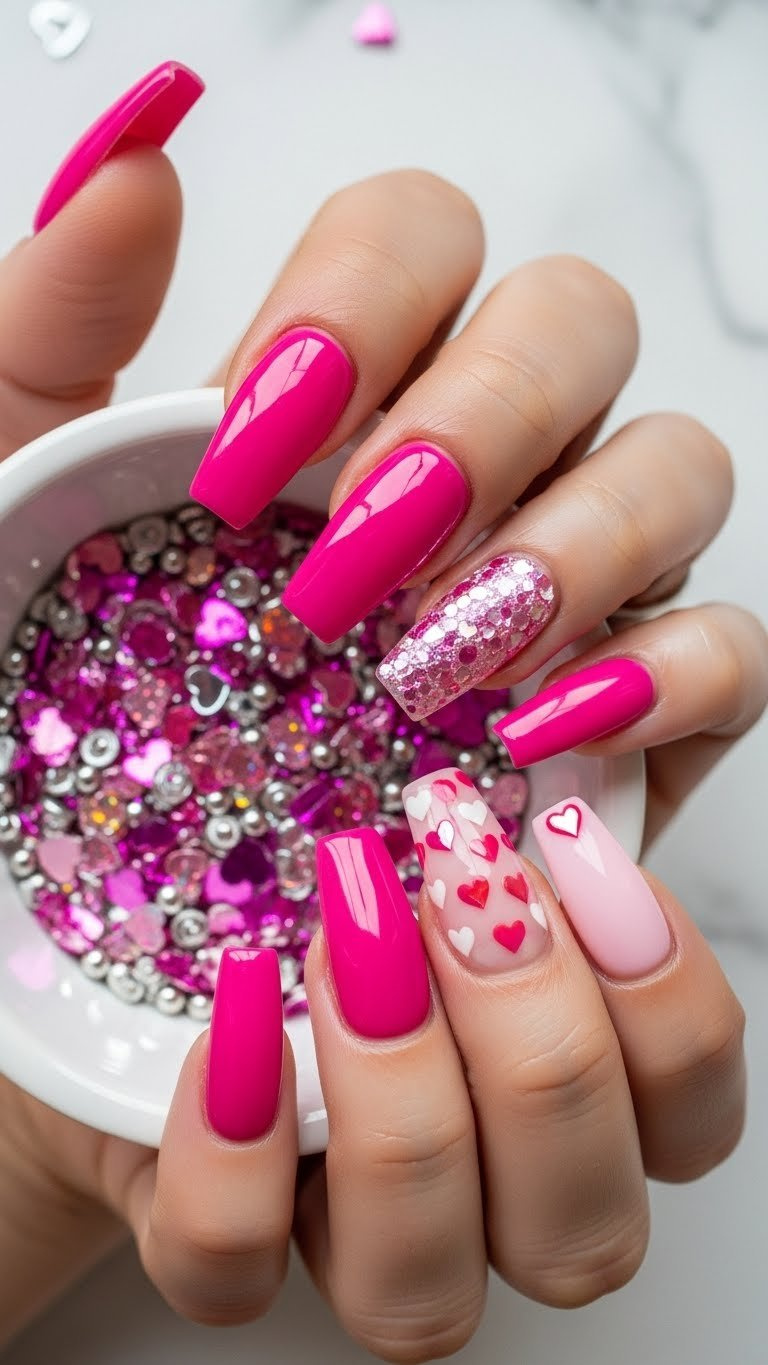Vibrant hot pink coffin nails with holographic glitter and tiny micro-hearts on a white ceramic dish, ideal for Valentine's Day.
