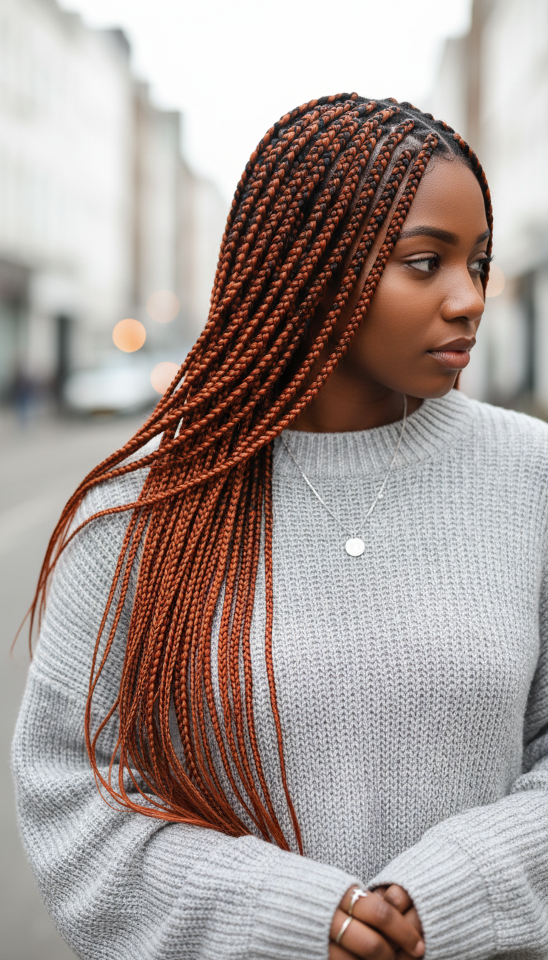 Vibrant long ombre copper box braids, black roots to fiery copper, with clean partings. Styled with a knit sweater and silver jewelry.