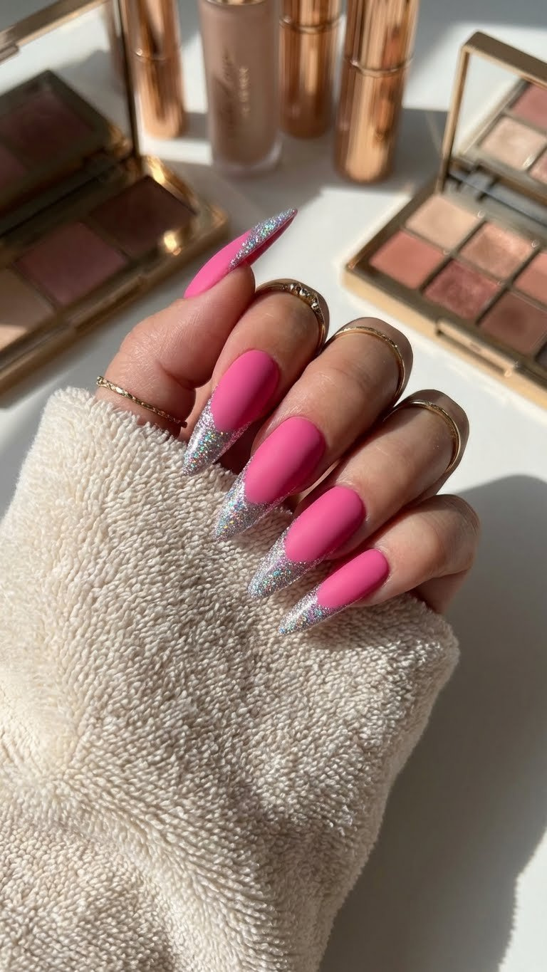 Vibrant matte hot pink stiletto nails, holographic silver glitter tips. Bold, energetic manicure on cream towel with luxury beauty vanity.