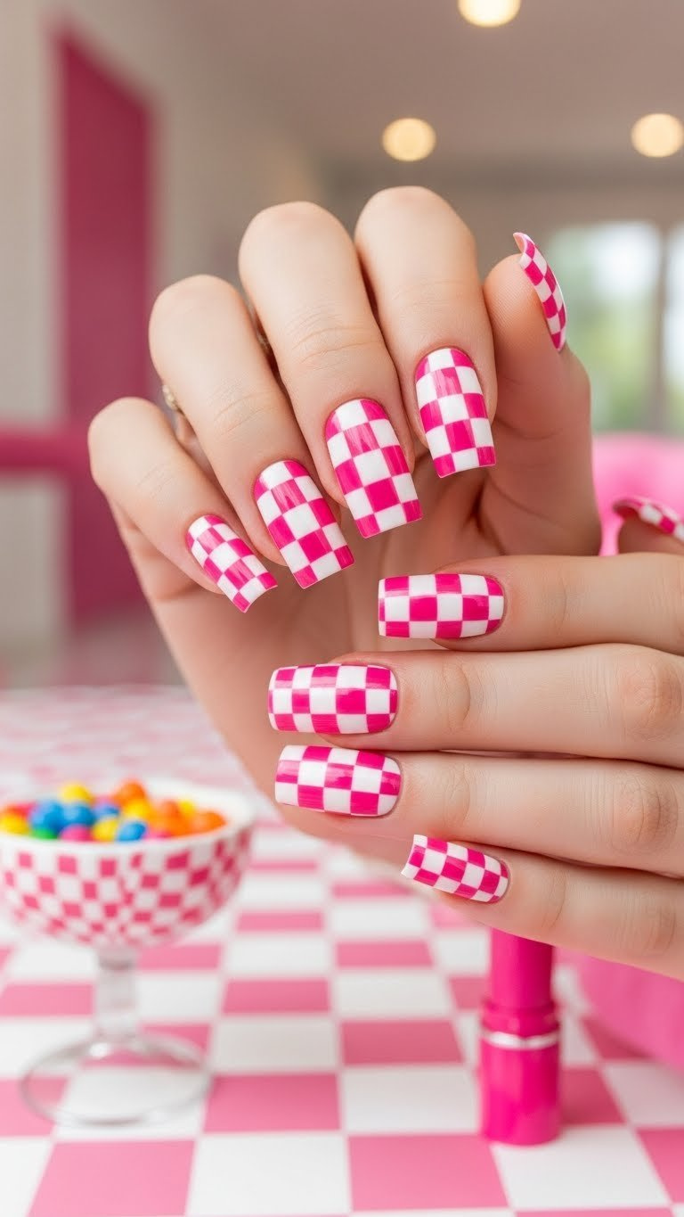 Vibrant medium-length hot pink and white checkerboard square nails, on a retro checkered floor with pink lipstick.