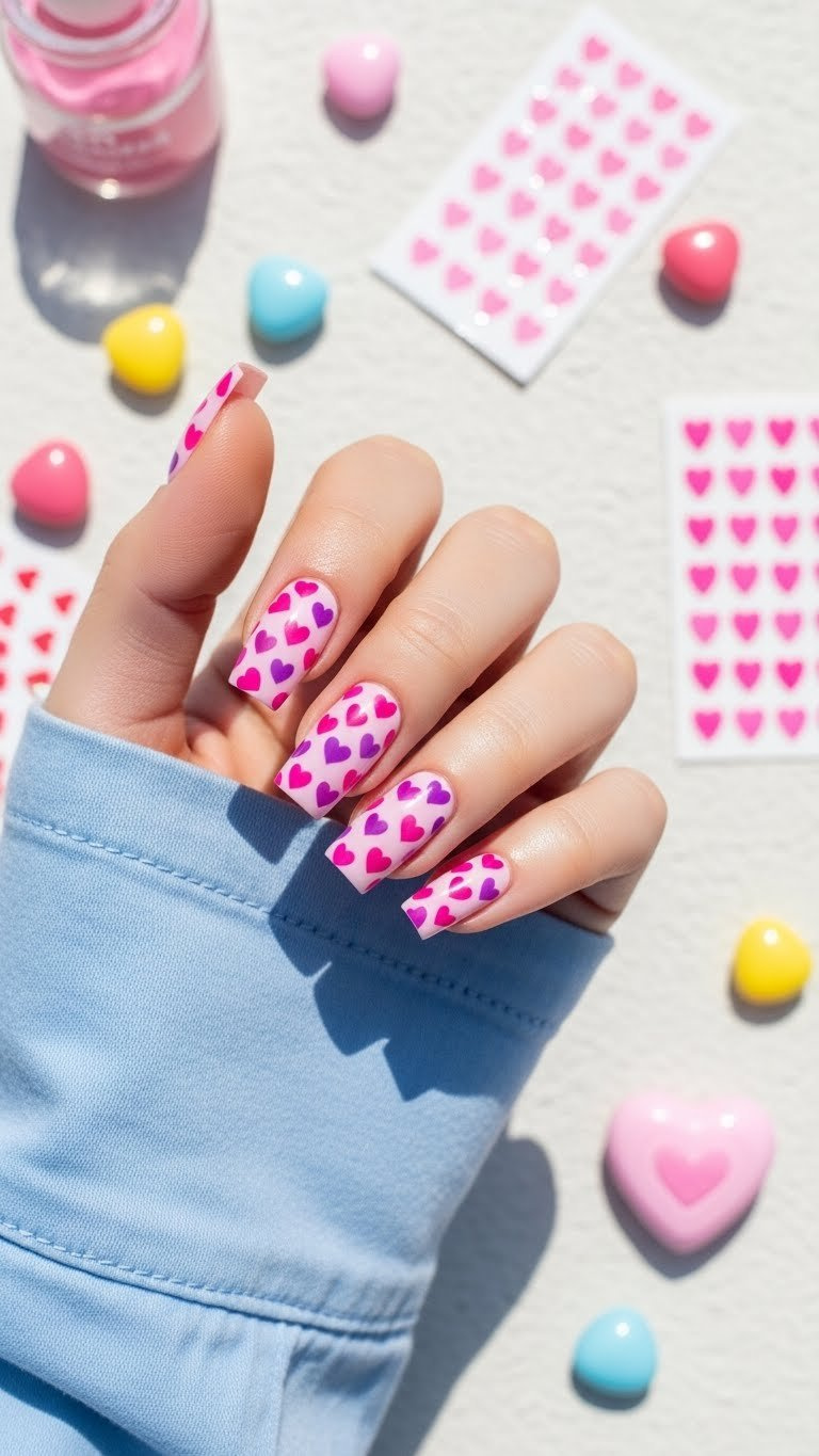 Vibrant pink and purple heart water decal design on medium square nails with pale base. Valentine's Day flat lay.