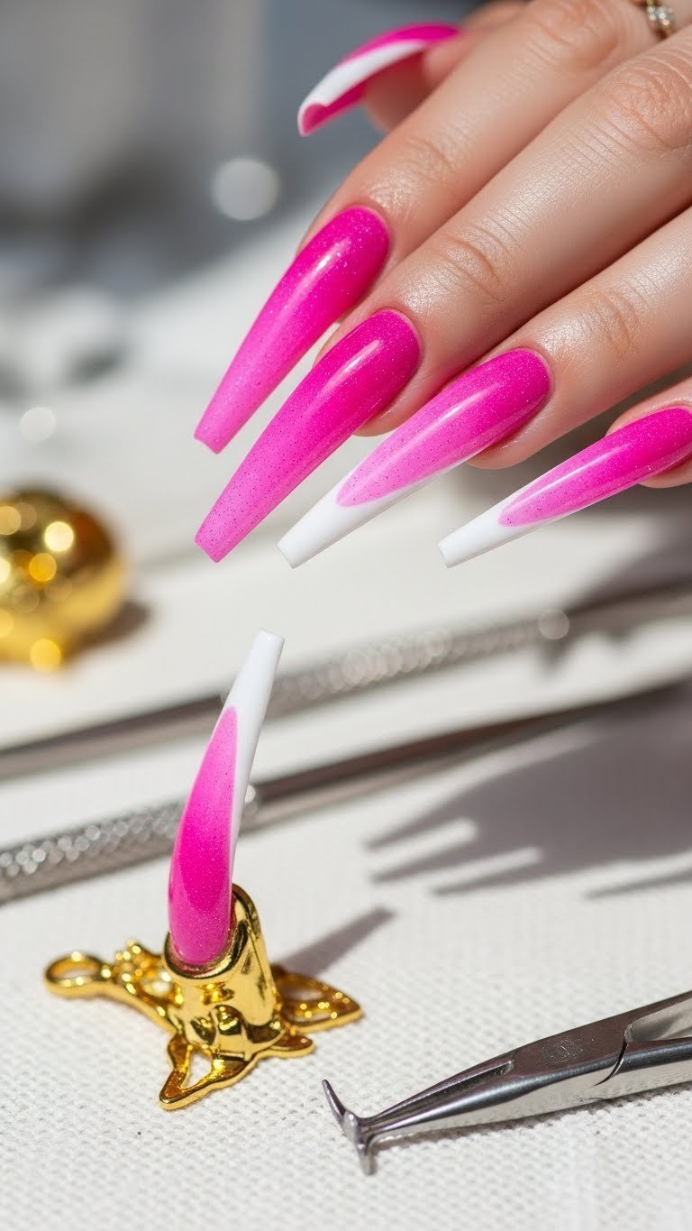Vibrant pink and white stiletto nail extensions, sharp hot pink to white tips, long acrylics, with gold charms on linen.