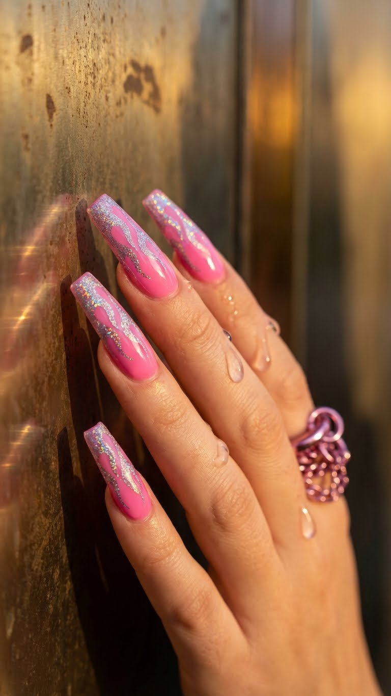 Vibrant pink holographic y2k flame nails with glitter, catching light, on metallic background. Edgy nail art.