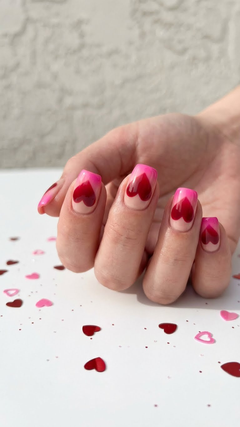 Vibrant red and pink ombre heart nail art over a nude base. Full set with gradient hearts, accented by glitter on white.