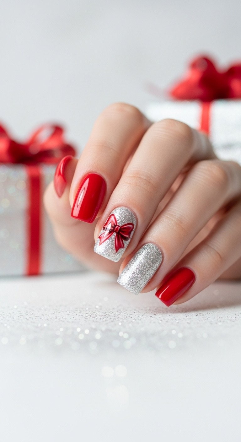 Vibrant red and white glittery gift wrap bow nail design, shimmering silver accent, festive holiday manicure, gift box.