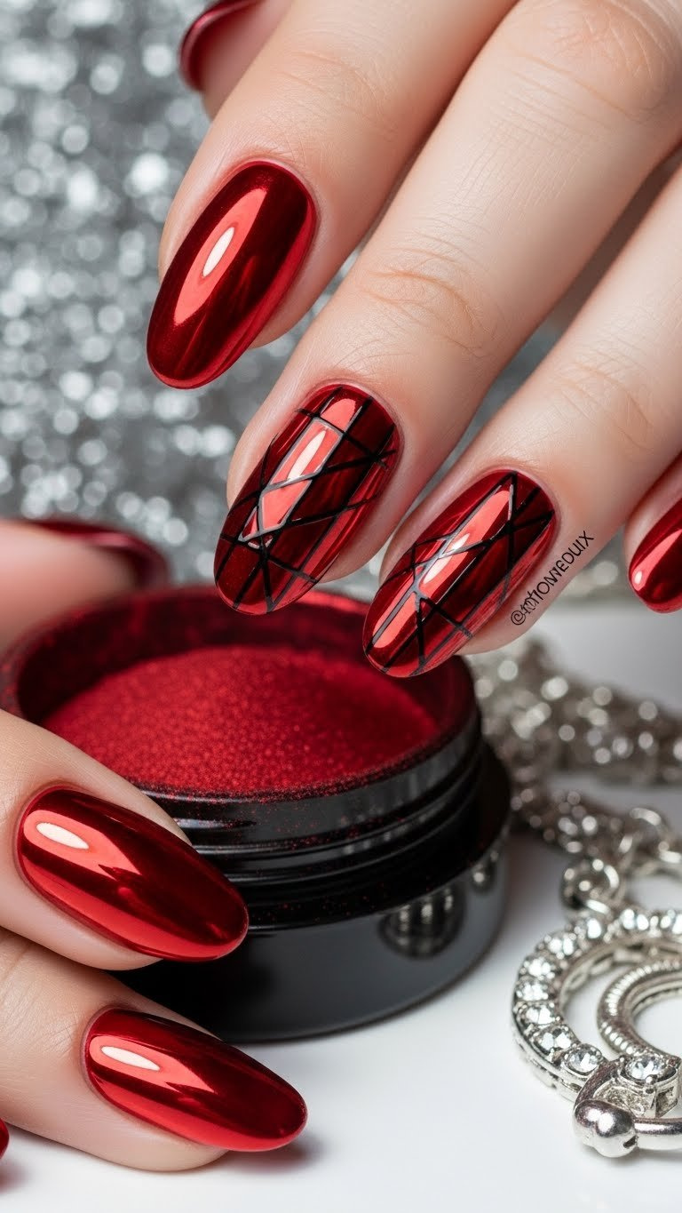 Vibrant red chrome oval nails with sleek black geometric line work accents on glossy white surface, silver jewelry.