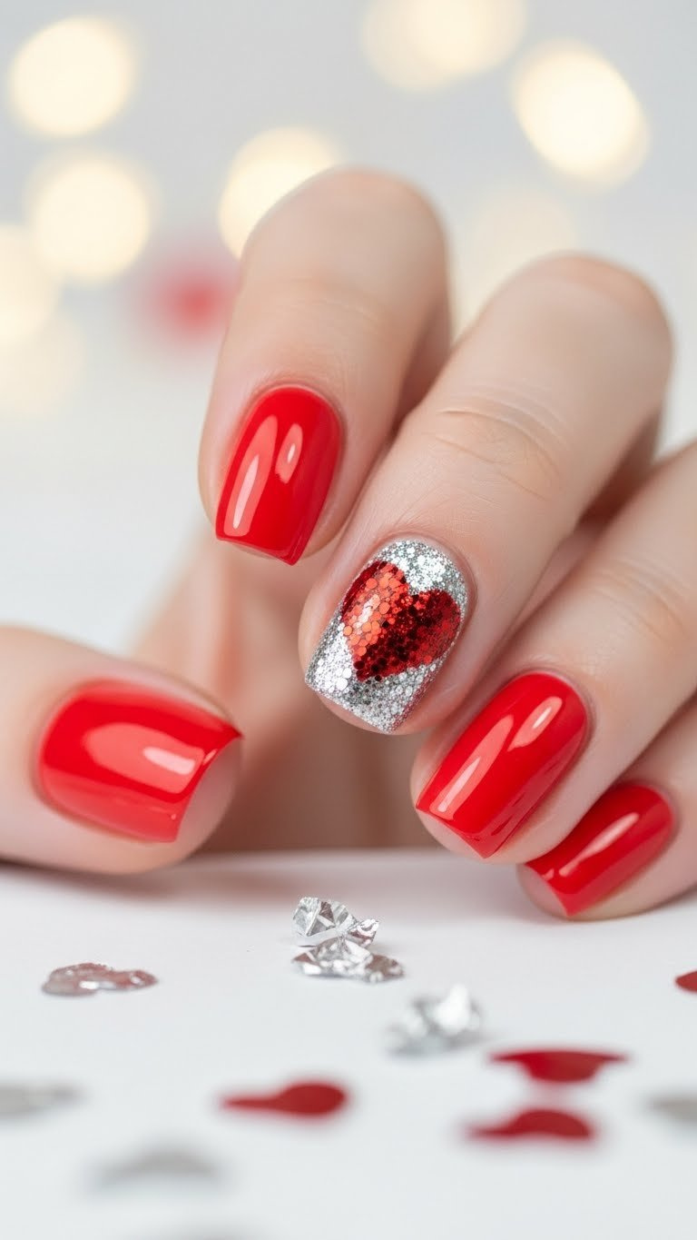 Vibrant red nails, quick glitter heart accent nail art. Chunky red & silver glitter heart. Festive style.