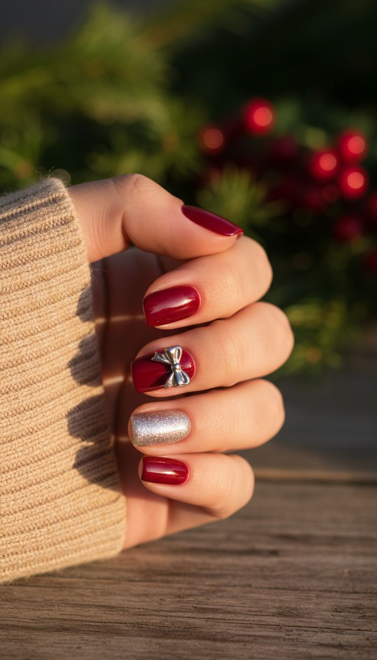 Vibrant scarlet red chrome nails with a silver 3D bow accent, showcasing intense metallic shine and festive nail art design.