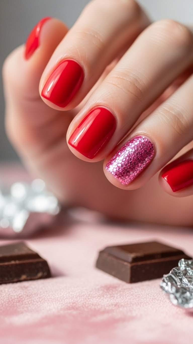 Vibrant short round Valentine's Day nails: cherry red with a pink micro-glitter accent nail, on pink velvet.