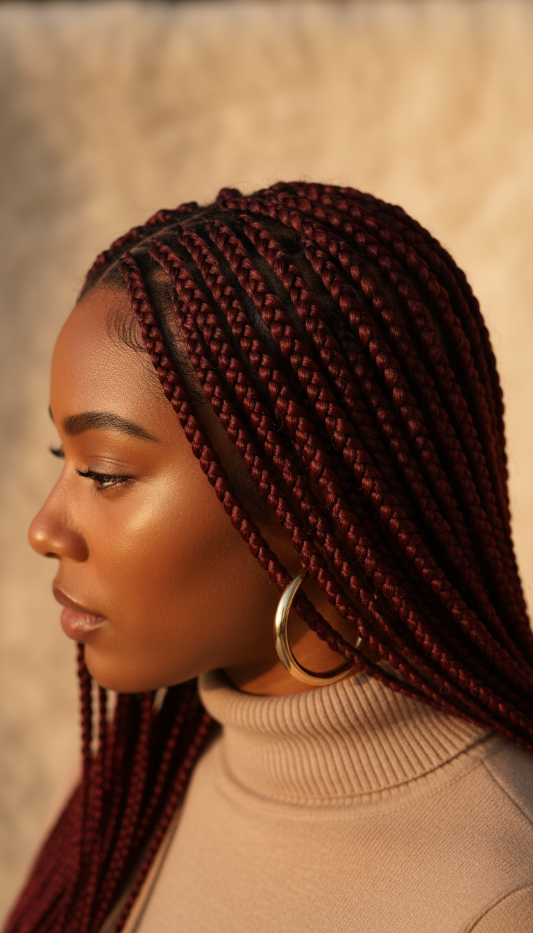 Vibrant shoulder-length burgundy knotless braids on dark skin, featuring sleek edges, gold hoop earrings, and a beige turtleneck.