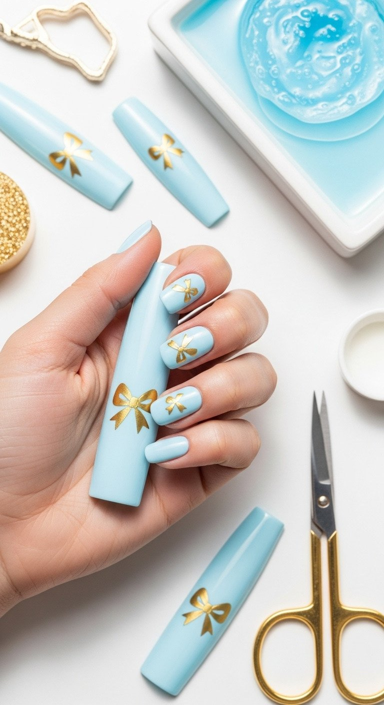 Vibrant sky blue manicure with a thin, flat gold bow decal, creating a floating painted design. Quick fix nail art.