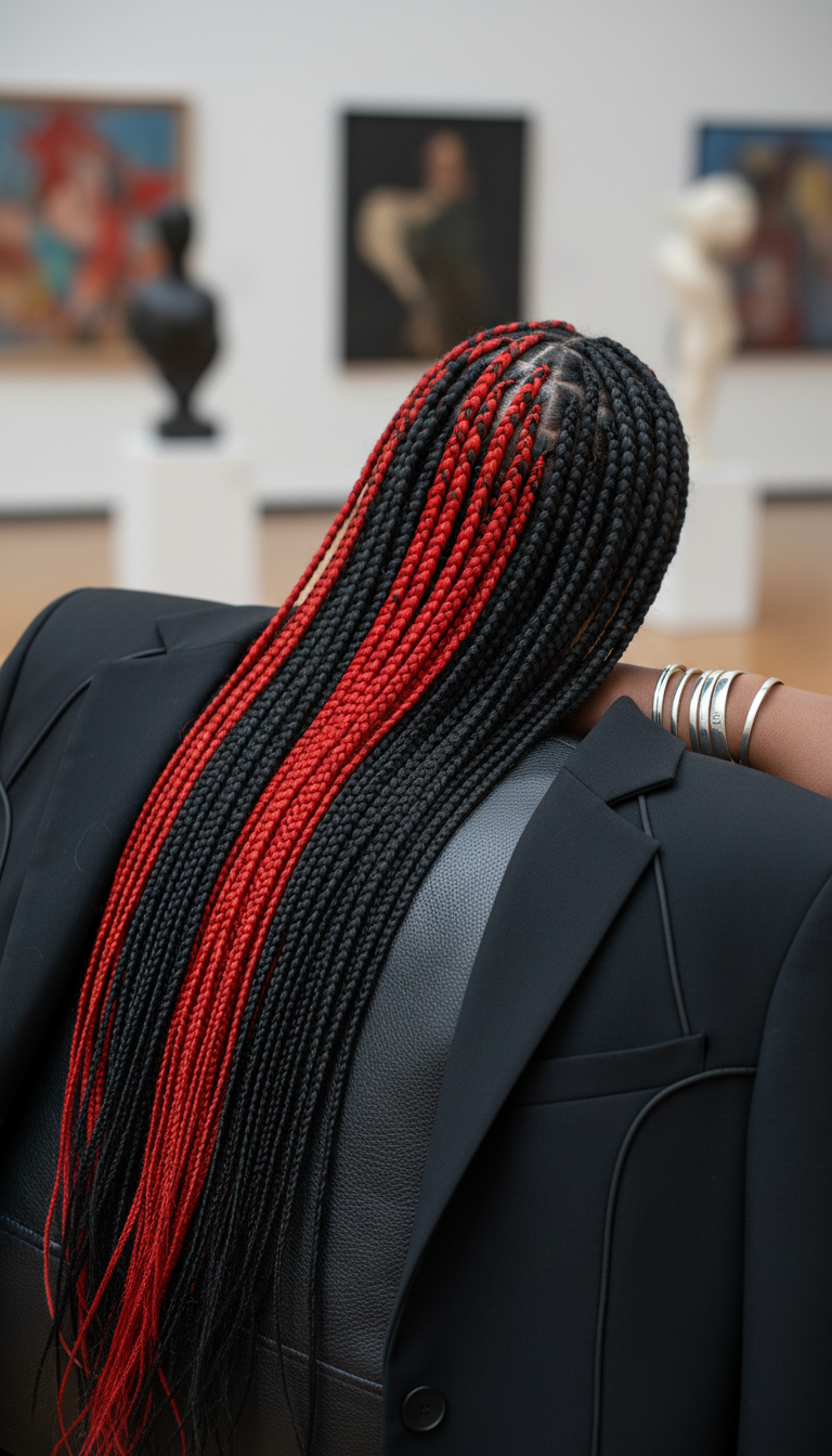 Vibrant two-tone red and black knotless braids, medium-long. Styled with silver cuffs & a modern jacket.