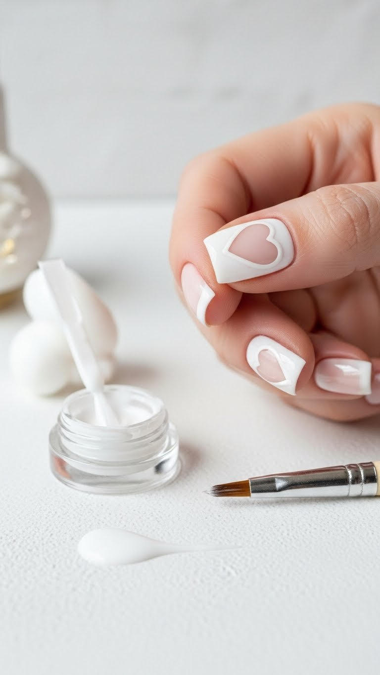 Vibrant white polish borders a large negative space cutout heart on a short square nail. Crisp, modern white heart nail art.