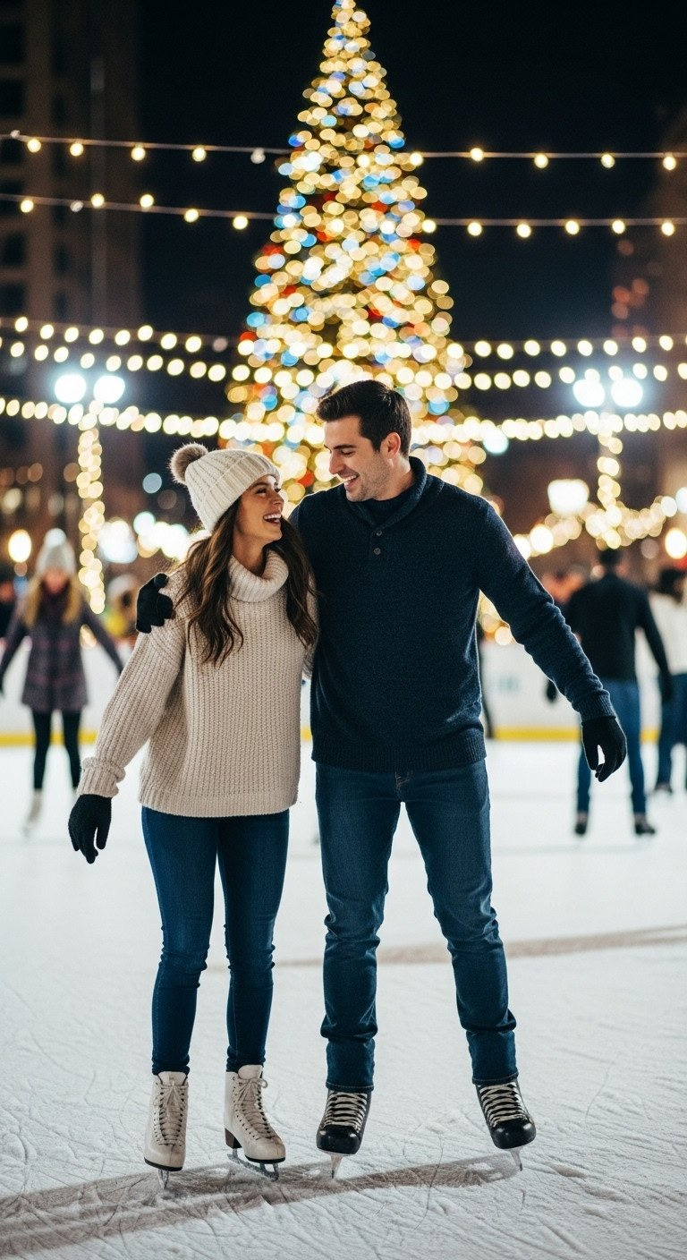 View from the Ryman Auditorium balcony of the iconic stage and pews decorated with Christmas trees and festive lights.