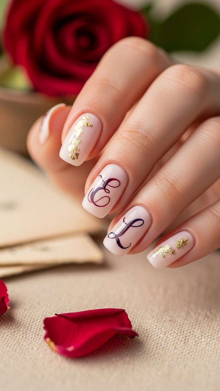 Vintage calligraphy initial nail art: elegant burgundy 'E' on creamy pink, with dried petals on a linen cloth.