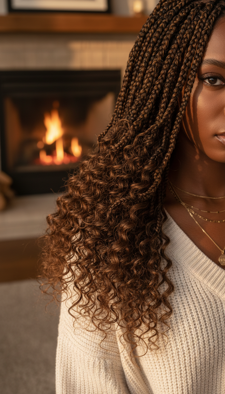 Voluminous Goddess Boho braids with curly ends on a Black woman, showcasing intricate design. Glamorous natural winter protective style.