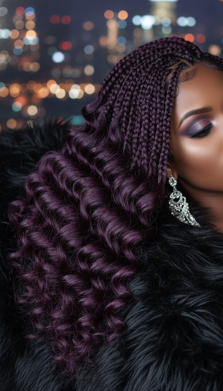 Voluminous deep plum purple curly crochet braids, bold winter shade. Styled with silver chandelier earrings & a smoky eye.