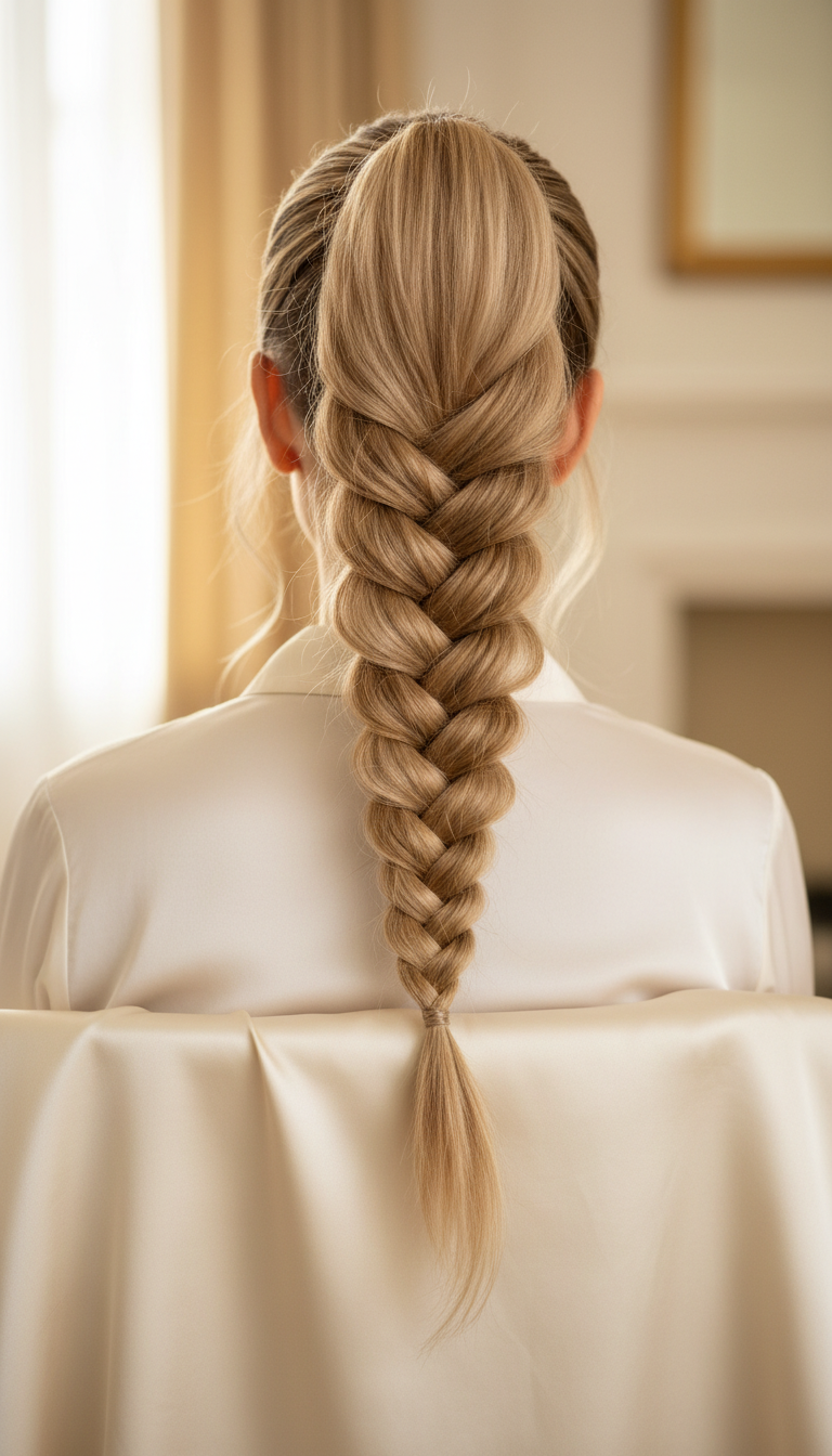 Voluminous faux fishtail braid on a high ponytail, demonstrated on thin hair with 'stacking hack'. Elegant style, silk scarf.