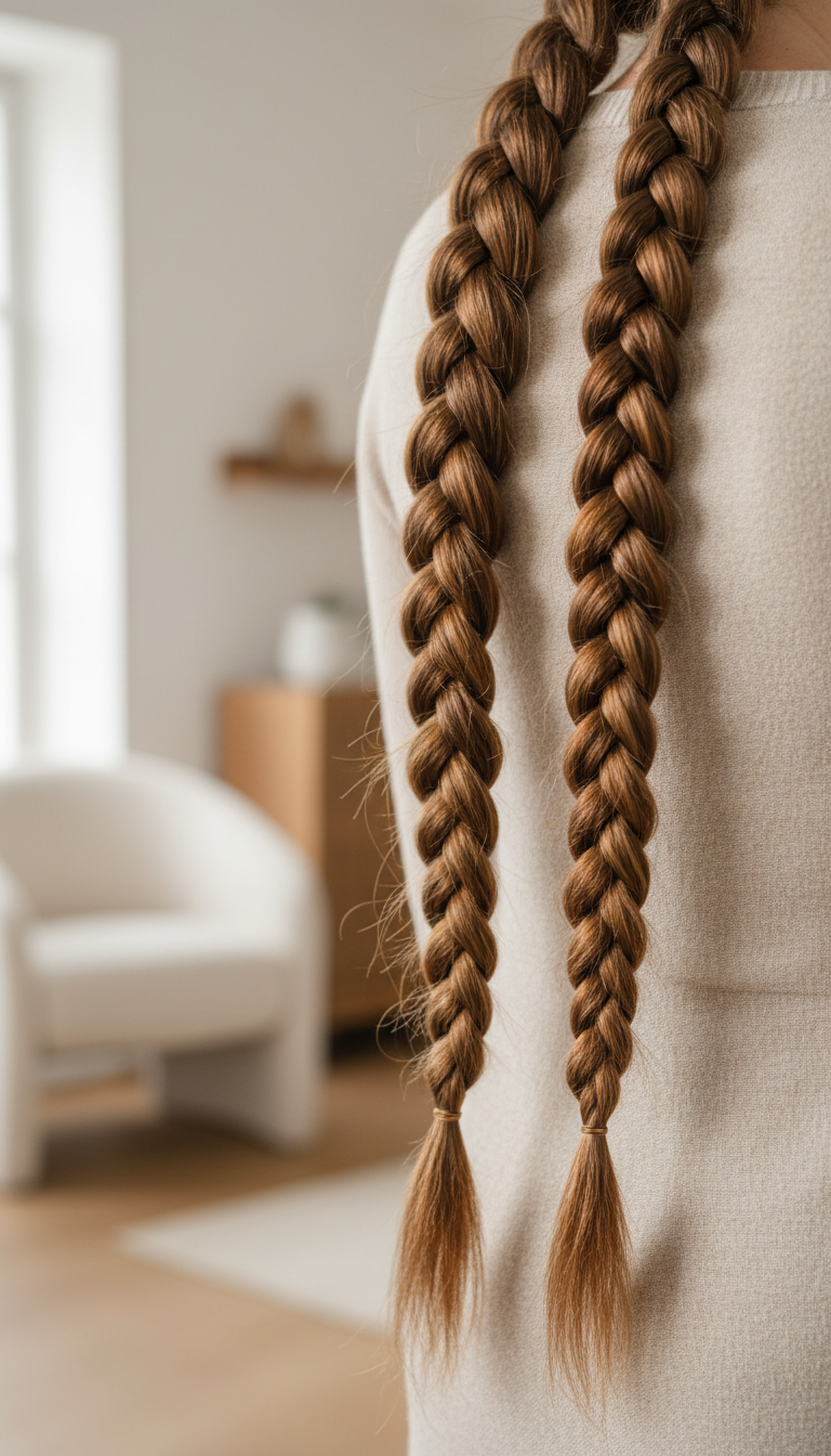 Voluminous golden brown twin braids with extensions, styled messy and pulled forward, featuring wispy strands and metallic tie on a blurred beige background.