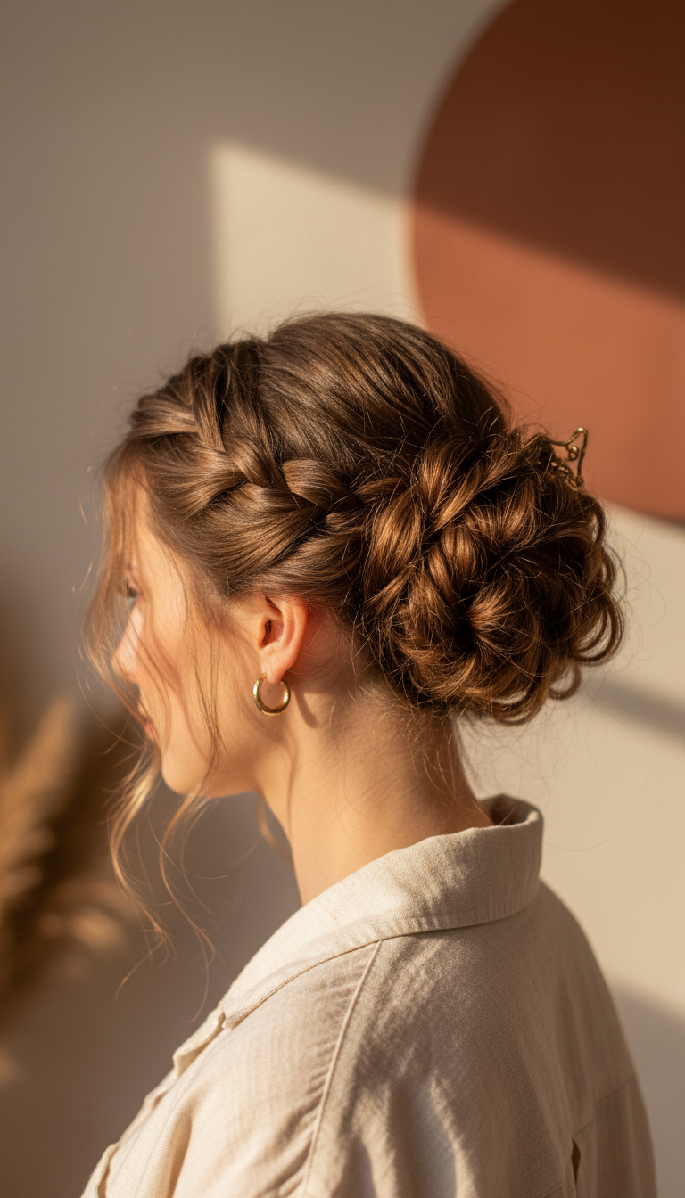 Voluminous messy braided bun on thin hair, with intentional flyaways for density. Chic updo, golden hour light, textured linen, gold earring.