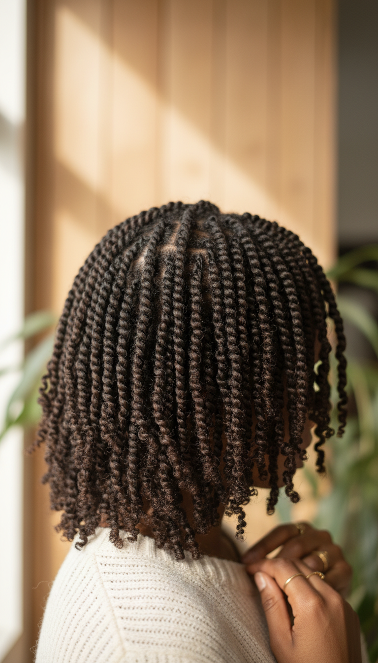 Voluminous mini twists on natural shoulder-length hair, highlighting coiled texture and definition with delicate gold rings.