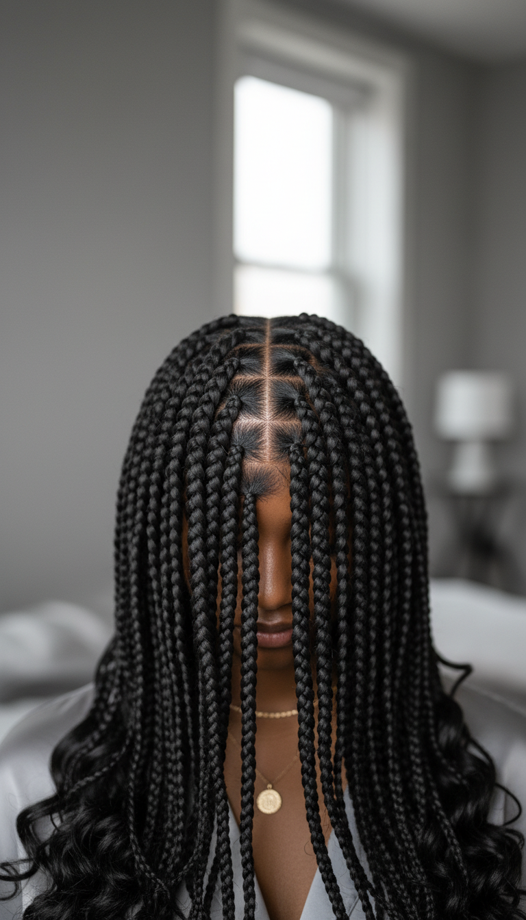 Waist-length knotless box braids with curled ends, highlighting clean roots and seamless connection. Styled on a neutral background.