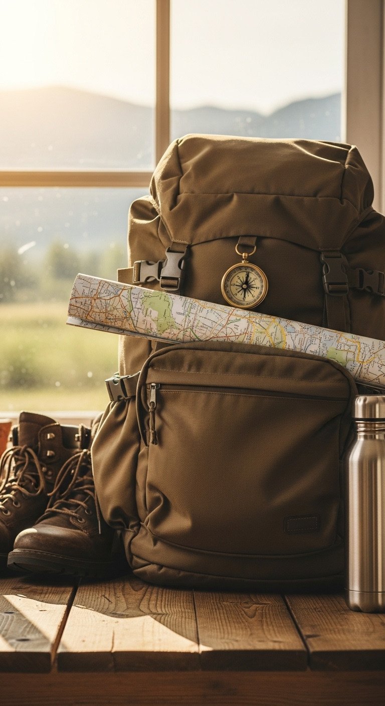 Waterproof travel backpack with a vintage compass and map sits on a rustic table next to hiking boots and a water bottle.