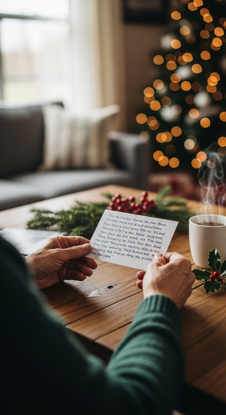 Weathered older hands hold a Christmas card on a rustic table with a steaming mug and blurred holiday tree in the back.