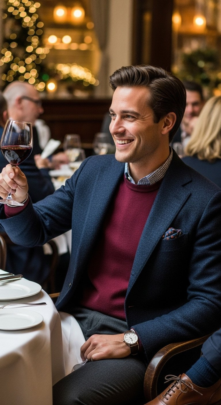 Well-dressed man in a navy wool blazer and burgundy sweater toasts with a glass of wine at a festive holiday dinner.