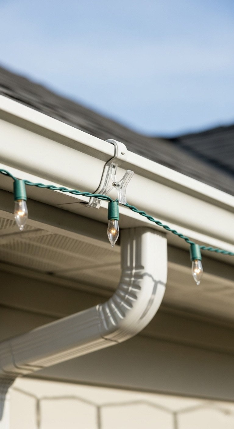 White aluminum gutter with clear C-clips securely holding taut warm white C9 Christmas lights on fascia board, daylight.