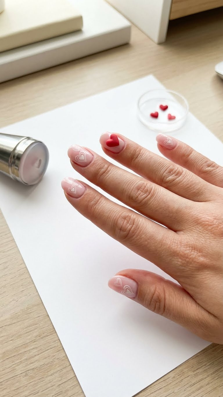White and pale pink nails with layered heart stamping and a bold 3D red heart decal. Dimensional nail art on white paper.